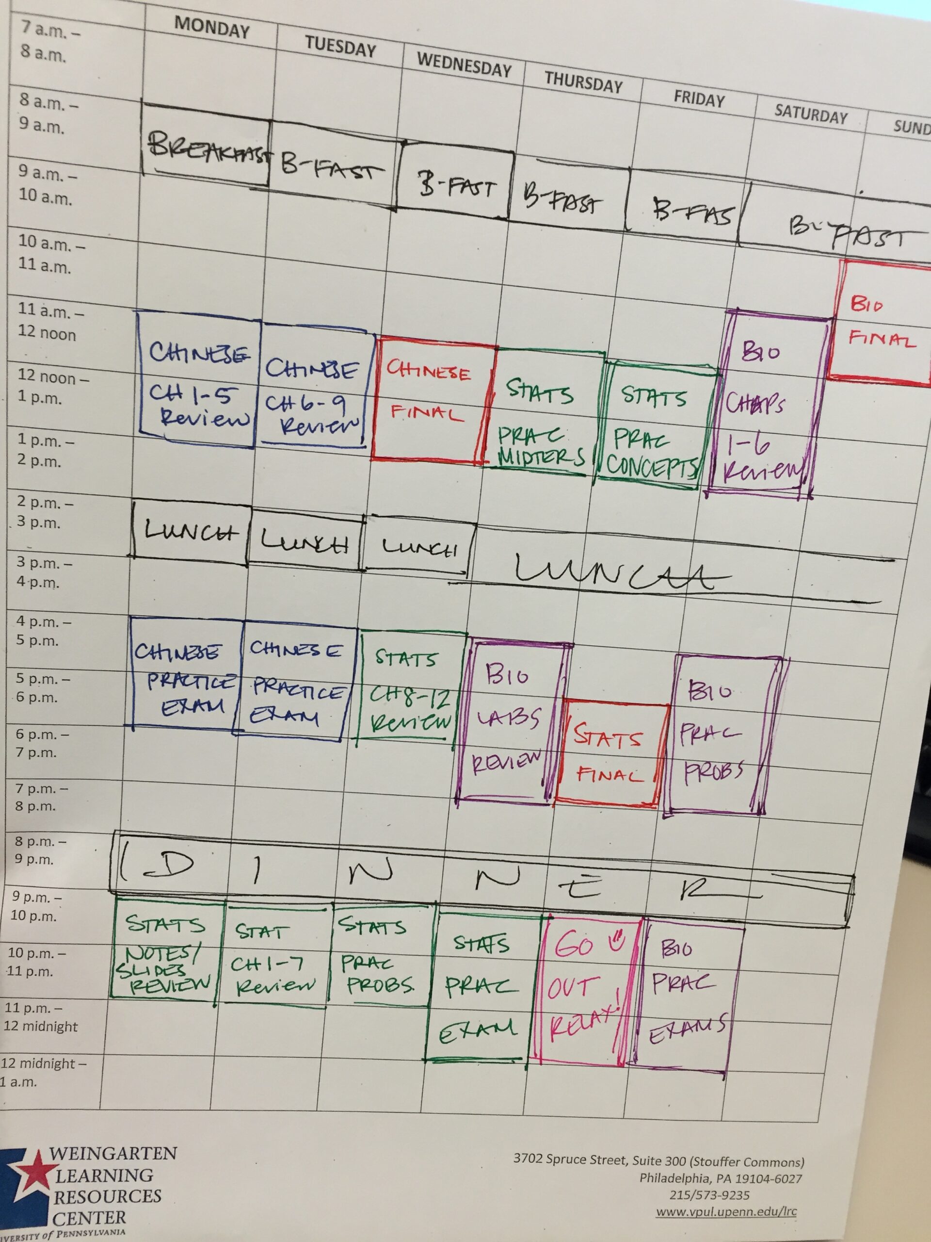Example of a weekly calednar with study times planned out