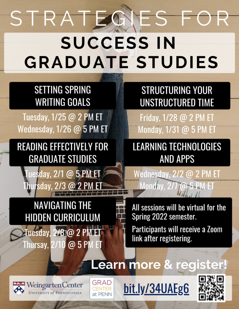 Spring 2022 flyer for Strategies for Success in Graduate Studies